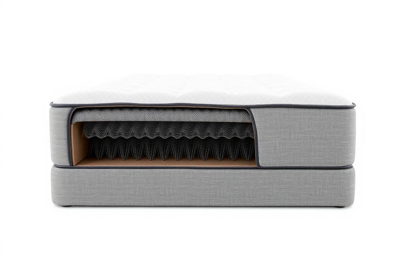 Doorsnede van een matras met stalen pocketveren en open polyester comfortlagen