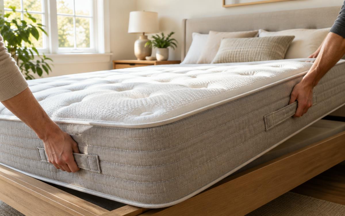 Close-up van de opbouw van een Auping matras met zichtbare veren en comfortlaag
