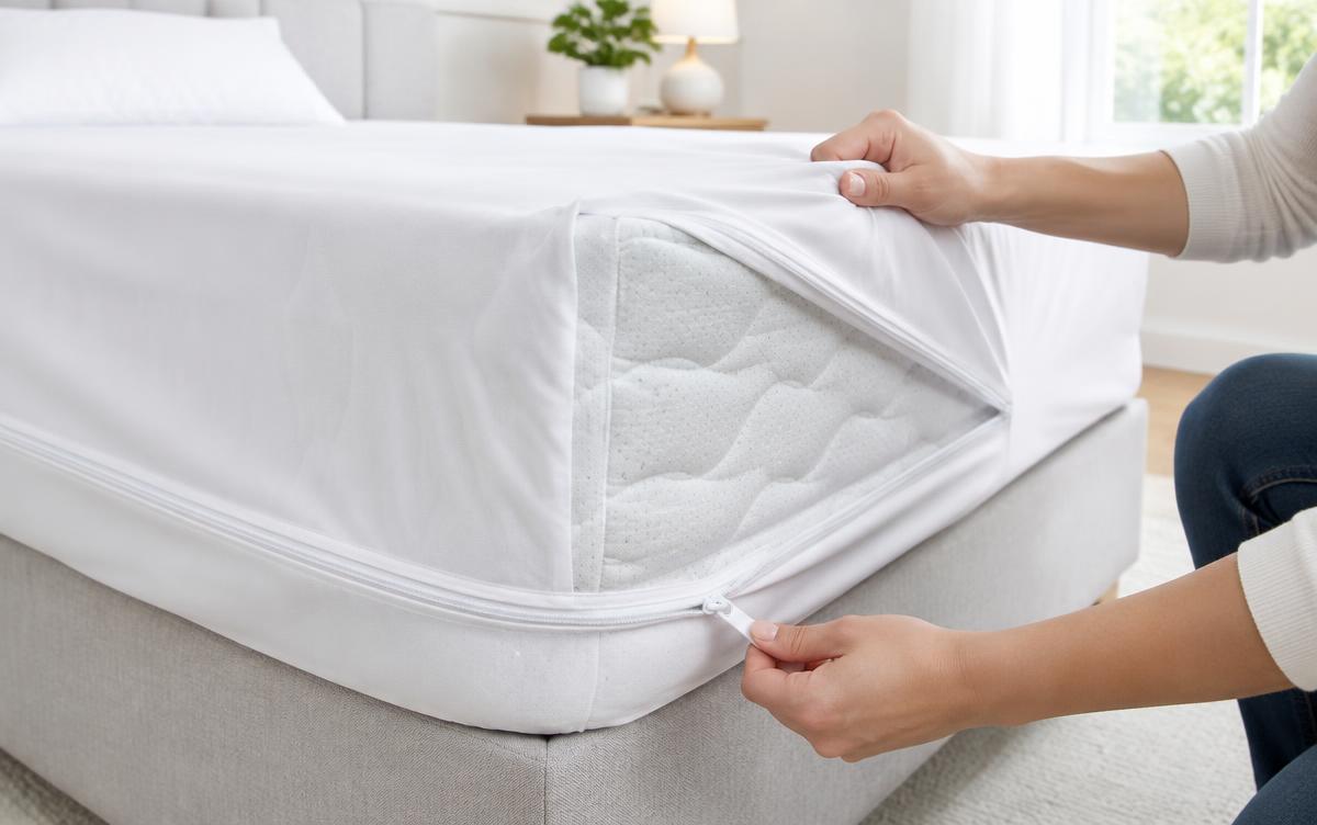 Een witte anti bedwantsencasing met rits wordt om een matras gesloten