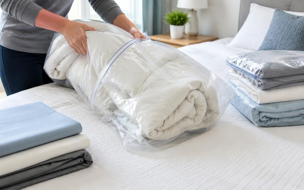 Beddengoed wordt in afsluitbare plastic zakken verpakt op een bed om bedwantsen niet te verspreiden