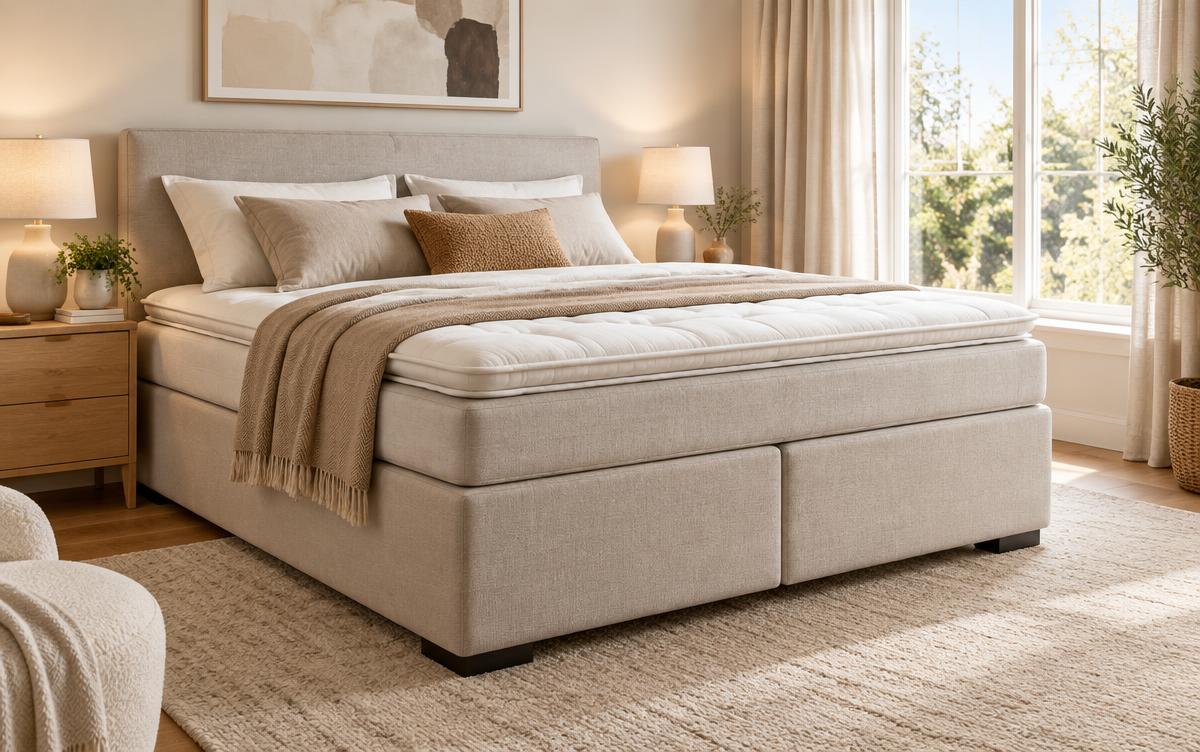 Matras op een boxspring in een lichte slaapkamer