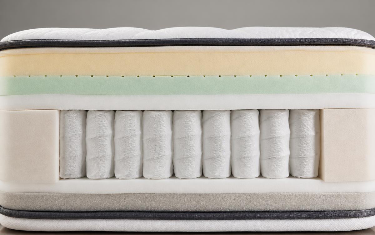Doorsnede van een matras met comfortlagen van schuim boven een laag pocketveringen