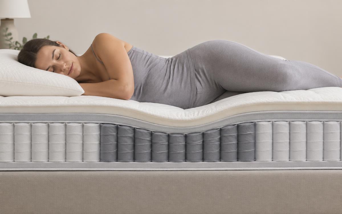 Zijslaper in bed met de hand op de heup boven op een matras met zonering