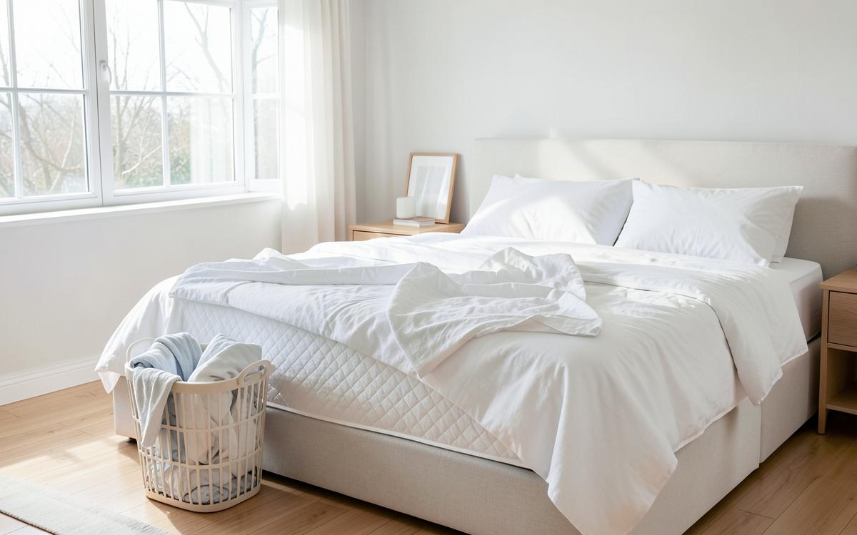 Beddengoed wordt van het matras gehaald en in een wasmand gelegd in een lichte slaapkamer