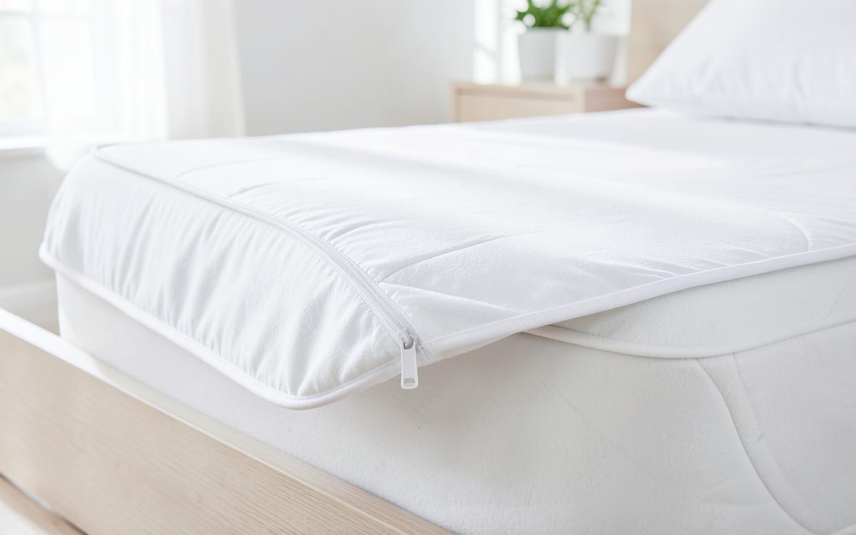 Witte allergeenwerende matrashoes met rits wordt over de hoek van een matras getrokken