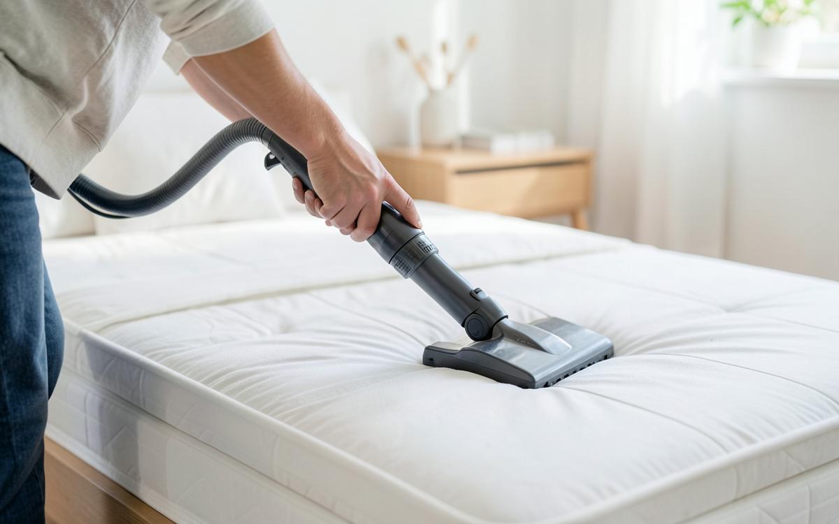 Iemand zuigt een wit matras af met een handstofzuiger in een lichte slaapkamer