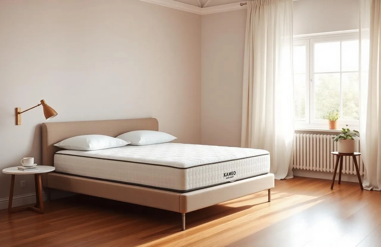 Kameo Flex matras opgemaakt in een lichte slaapkamer, hybride koudschuim en traagschuim
