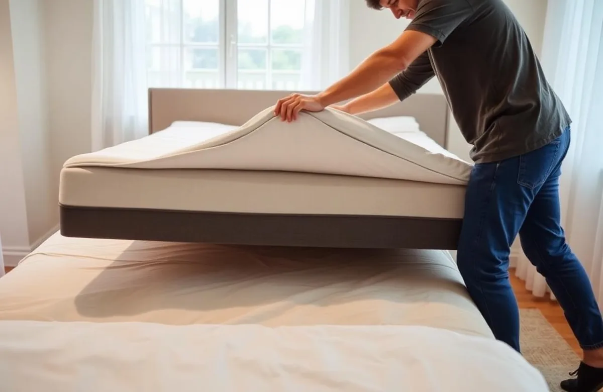 Persoon draait het Kameo Custom Pro matras om om te wisselen tussen de zachte en stevige zijde