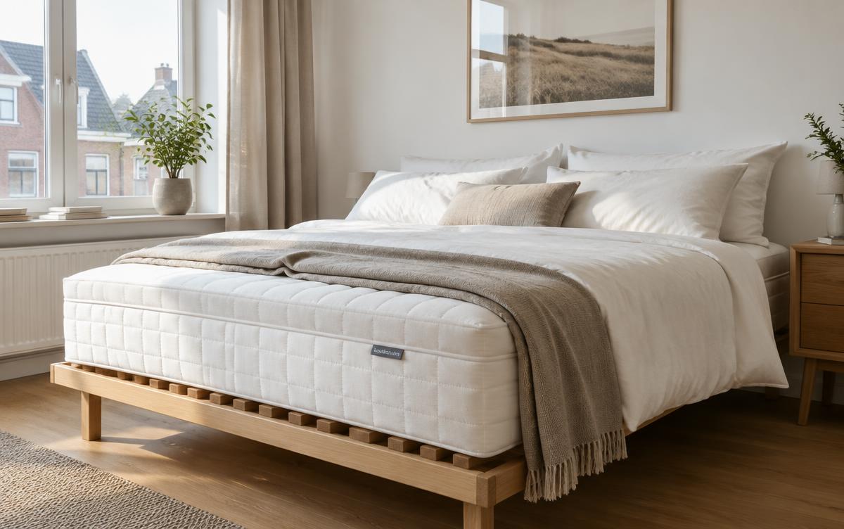 Koudschuim matras op een houten lattenbodem in een lichte slaapkamer