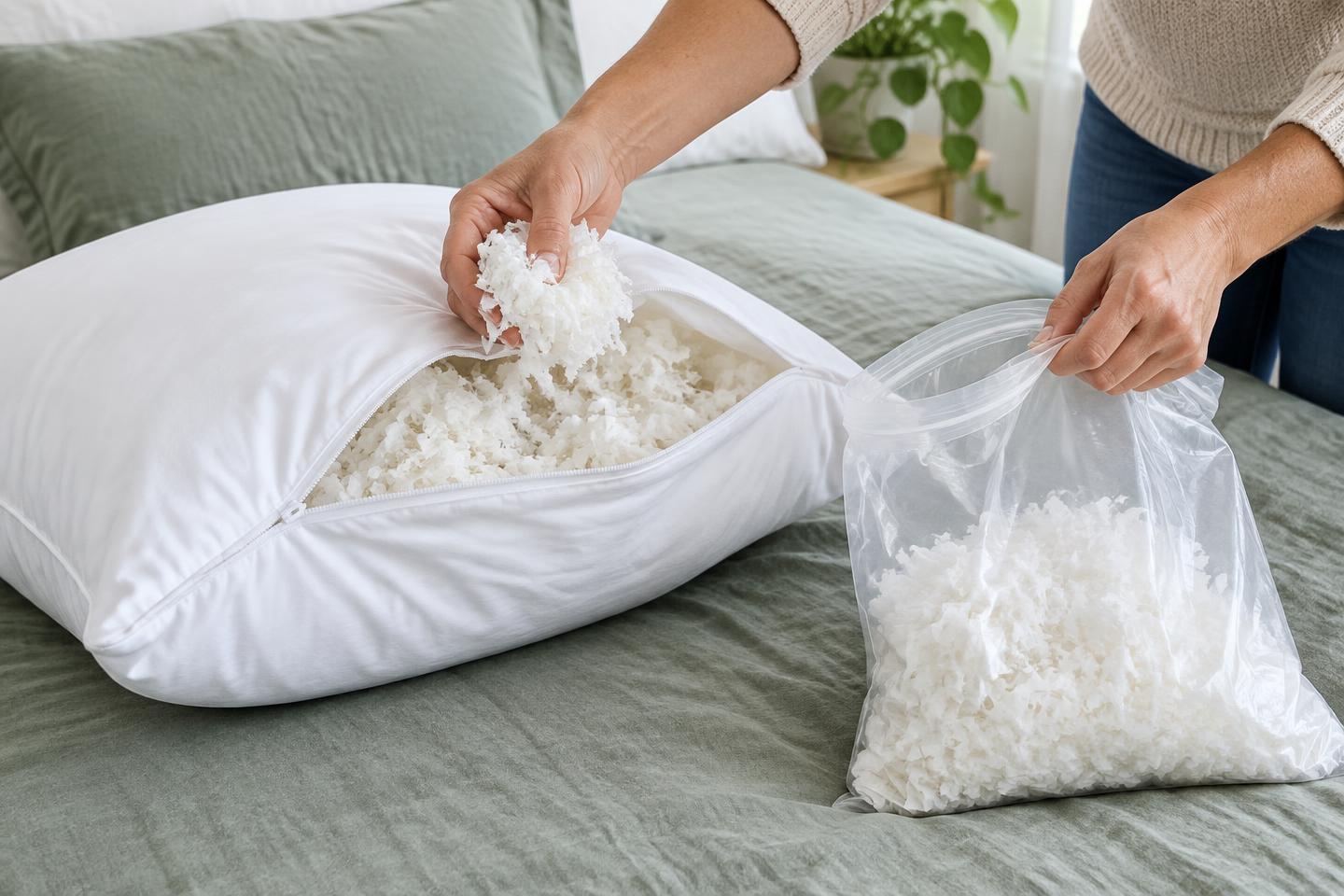 Een kleine hoeveelheid losse vulling wordt uit een verstelbaar kussen gehaald en schoon bewaard