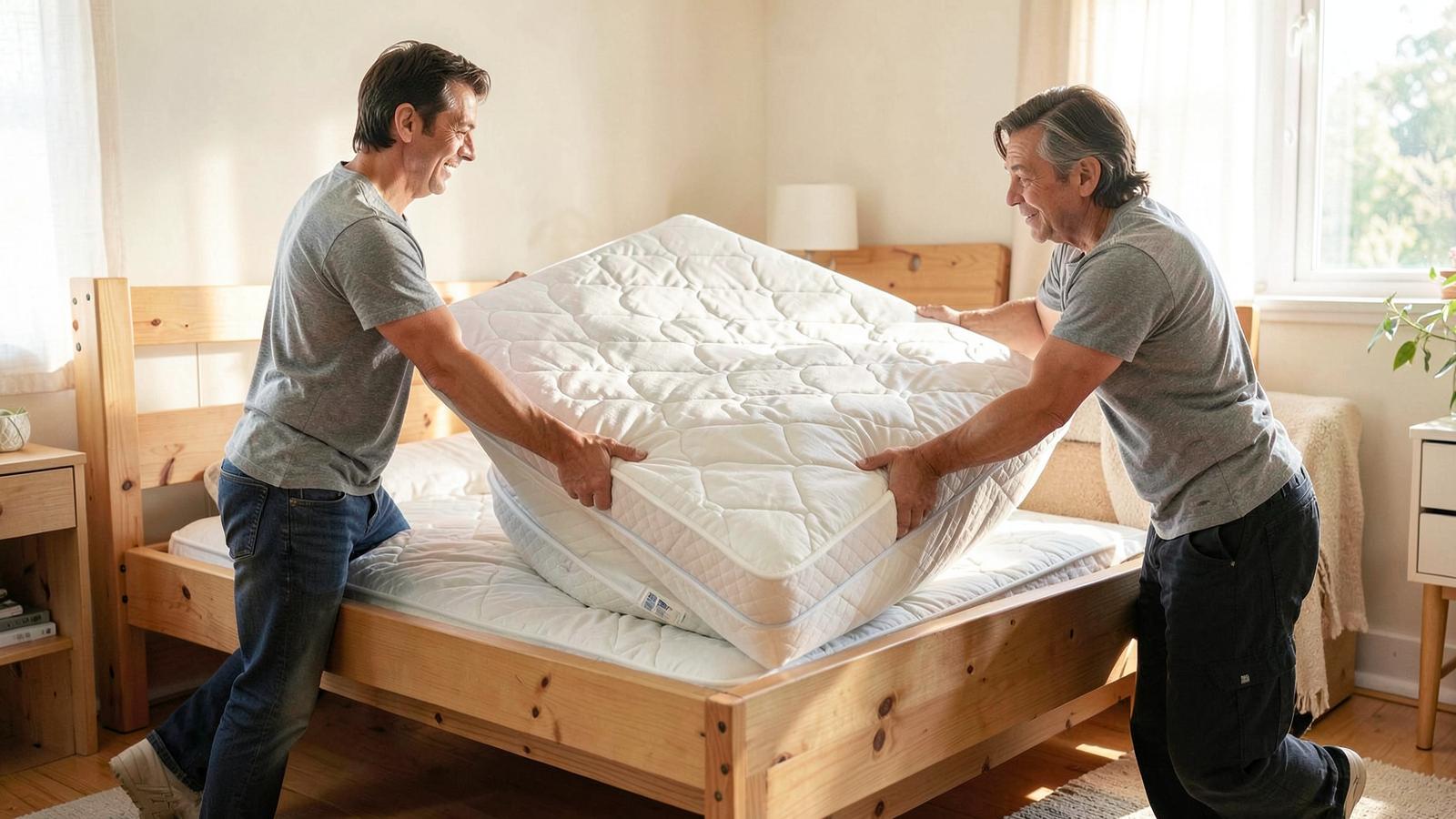 Twee personen tillen samen een zwaar latex matras op een houten bedframe