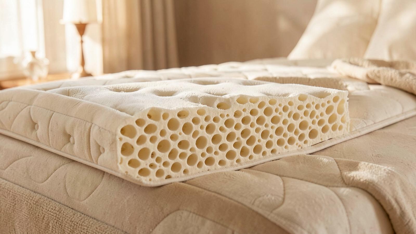 Doorsnede van een latex matras met zichtbare honingraatstructuur en ventilatiekanalen