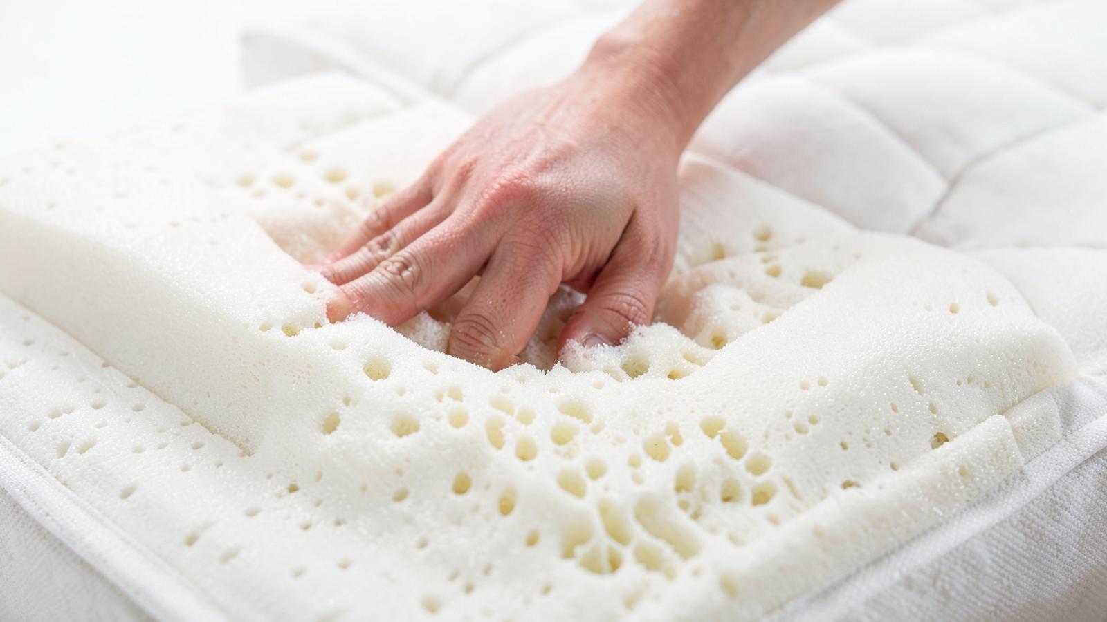 Hand drukt in een natuurlatex matraslaag met zichtbare open celstructuur