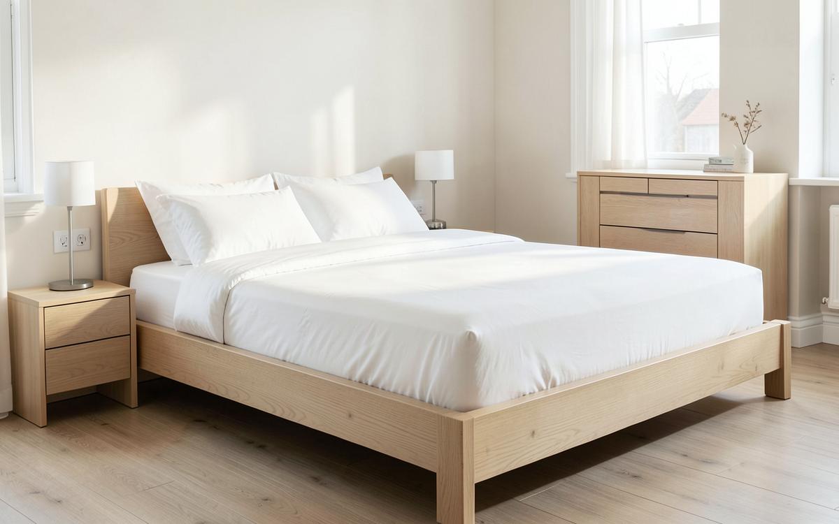 Opgemaakt bed met een matras van 140 bij 200 centimeter in een lichte slaapkamer