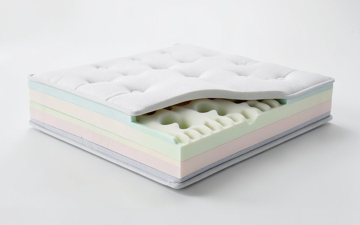 Doorsnede van een matras met comfortlagen boven een kern van pocketveringen