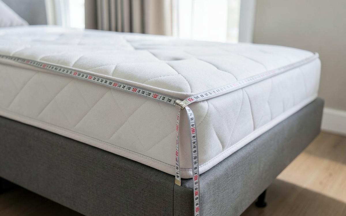Meetlint over de breedte van een matras op een bedbodem