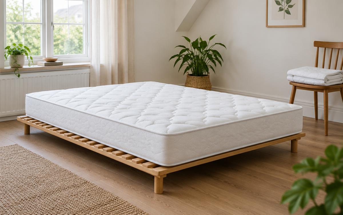 Schoon matras ligt plat op een verhoogde lattenbodem in een droge kamer