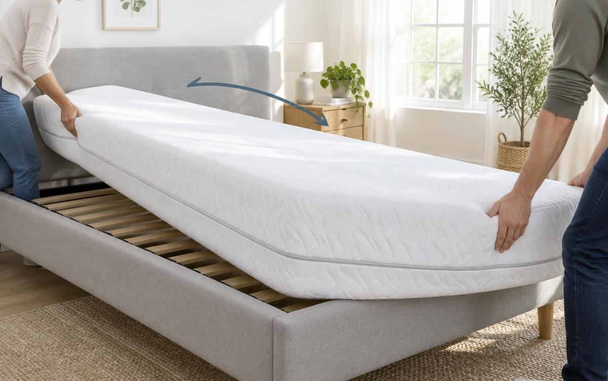 Twee mensen draaien een wit matras op een bed van hoofdeinde naar voeteneind