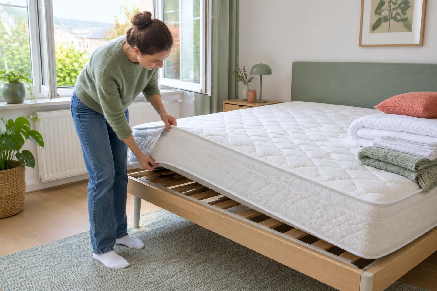 De rand en onderzijde van een onbedekt matras worden voorzichtig bekeken in een geventileerde slaapkamer