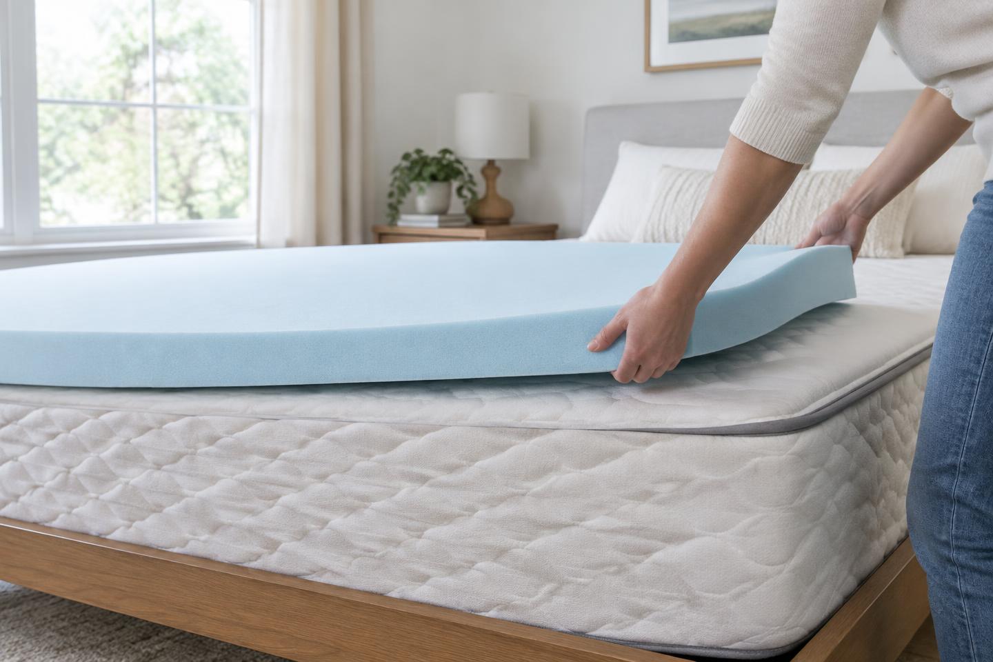 Een stevige schuimtopper wordt op een matras gelegd in een lichte slaapkamer
