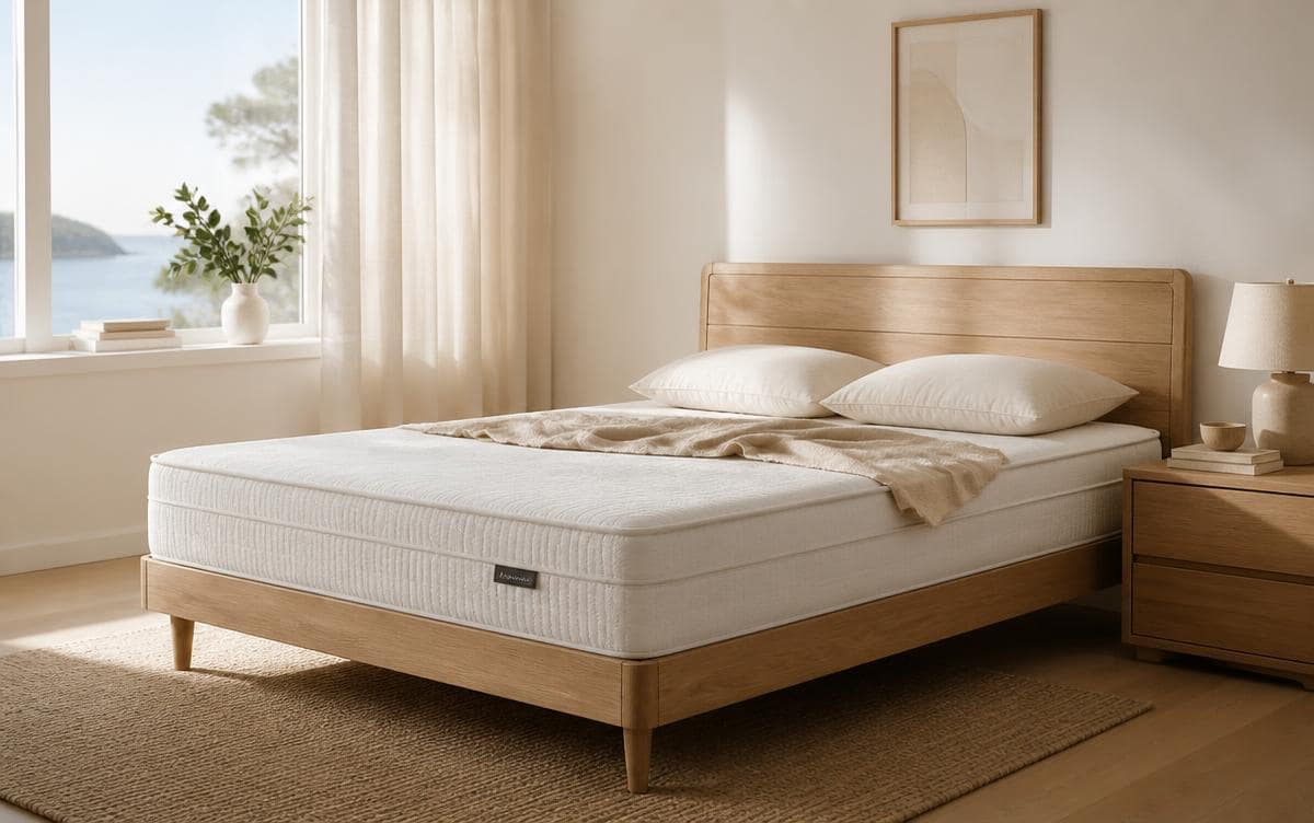 Een fris opgemaakt bed met een nieuw matras in een lichte slaapkamer met ochtendzon