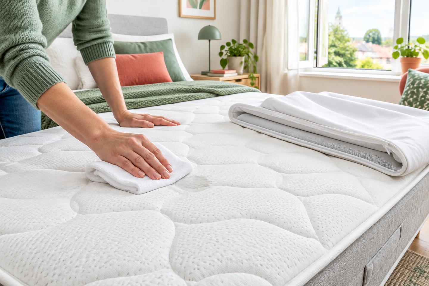 Een kleine vlek op een matras wordt met een schone droge doek gedept