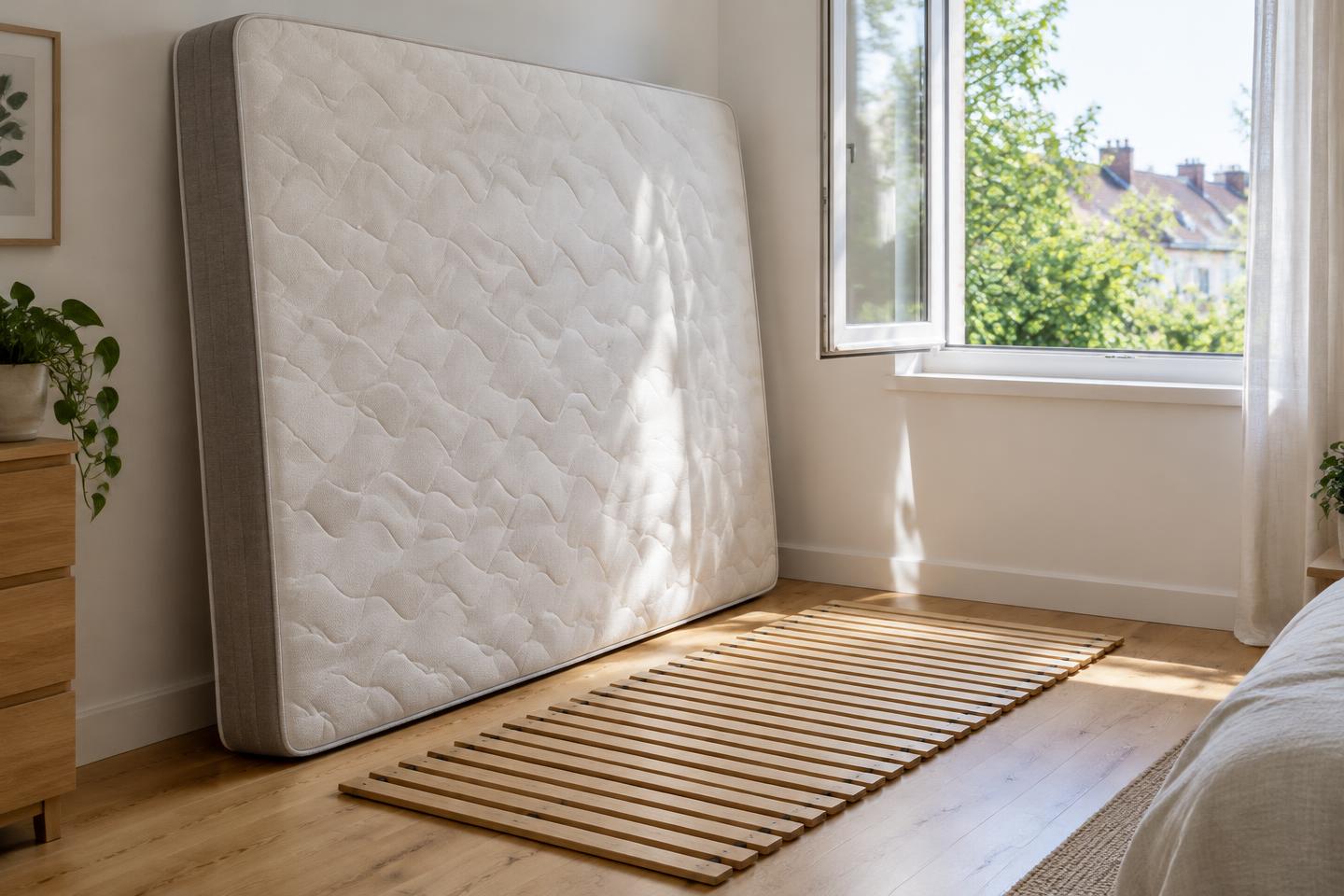 Matras staat rechtop tegen de slaapkamermuur naast een open raam, met een rolbodem op de vloer