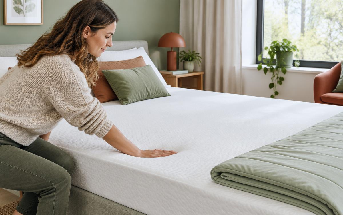 Een vrouw controleert met haar hand de zachtheid van een matras naast een opgevouwen topper