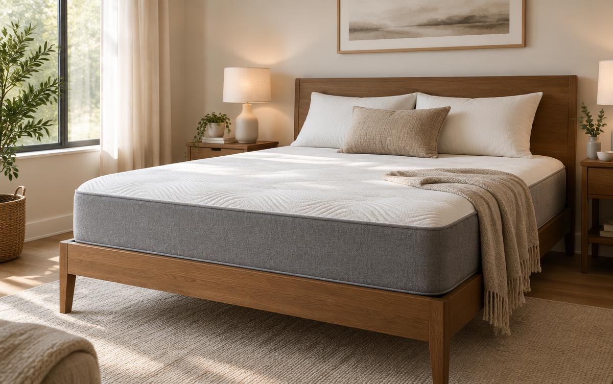 M line matras op een bed in een lichte slaapkamer