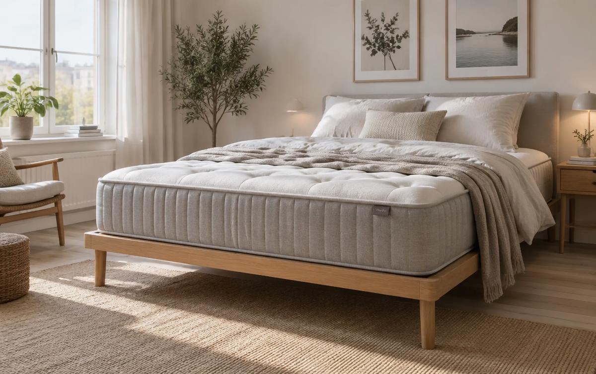 Pocketvering matras op een houten lattenbodem in een lichte slaapkamer