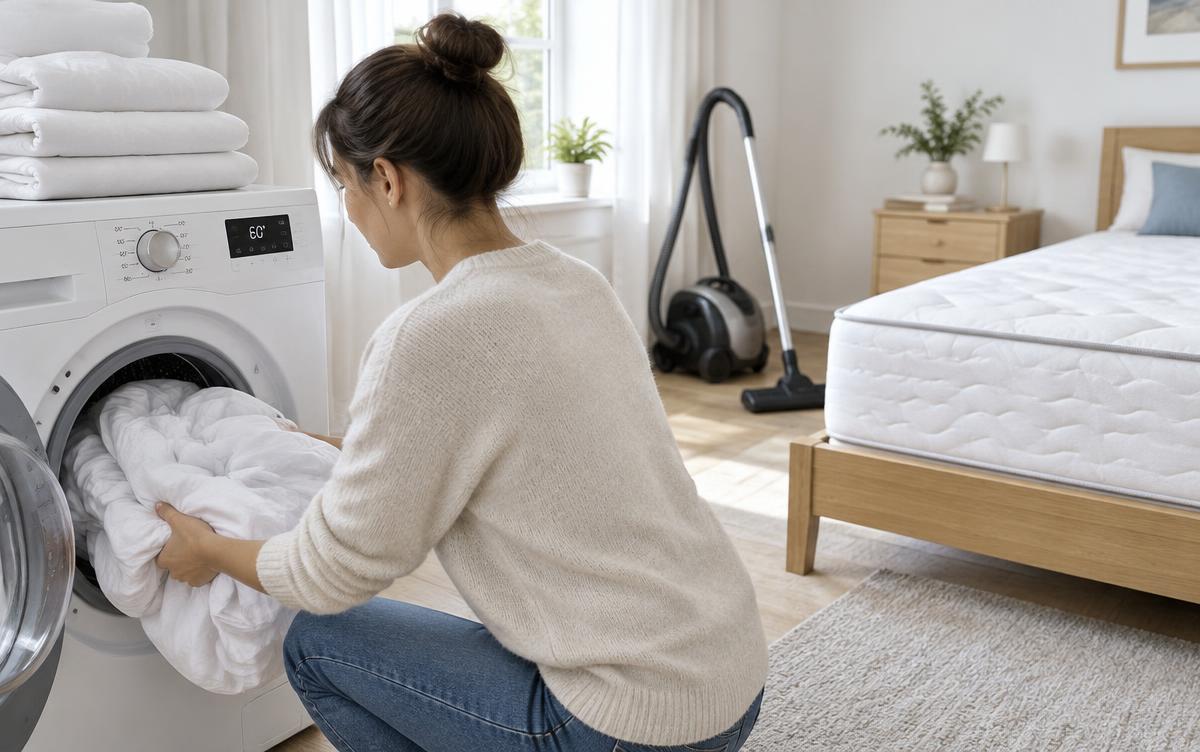 Beddengoed gaat in de wasmachine op 60 graden, met een afgehaald matras en een stofzuiger op de achtergrond