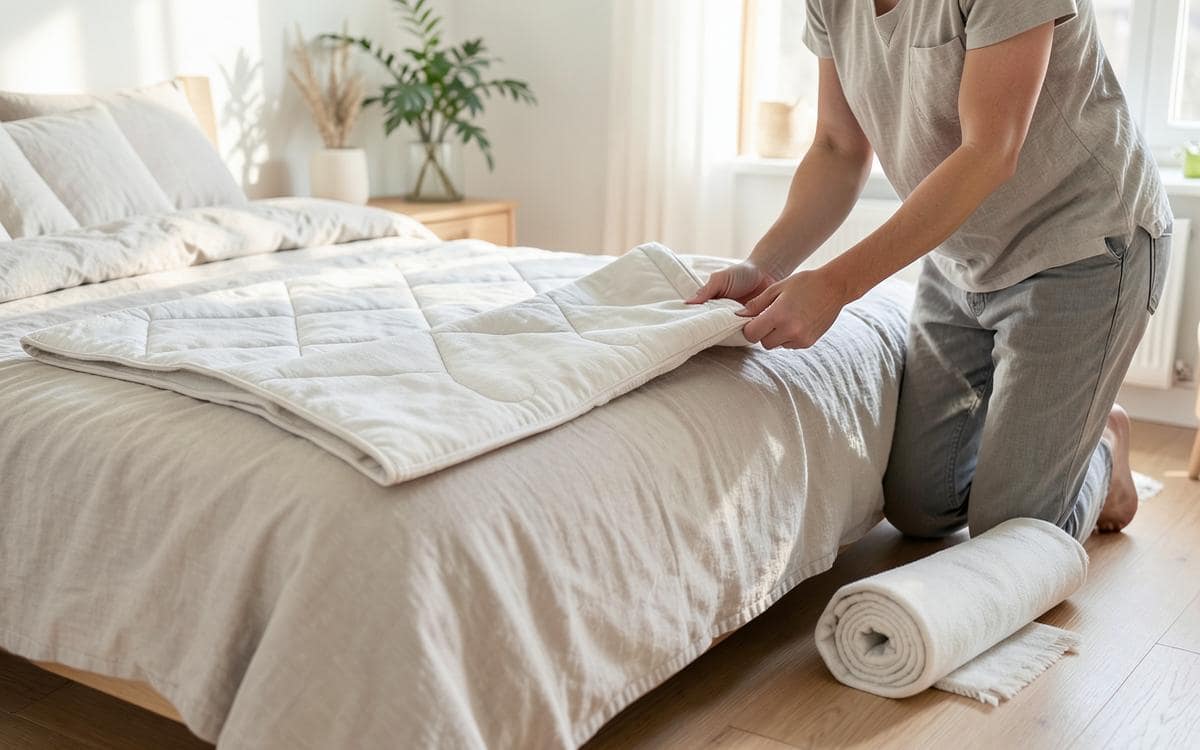 Iemand haalt een oude topper van het bed en legt een nieuwe topper klaar in een lichte slaapkamer