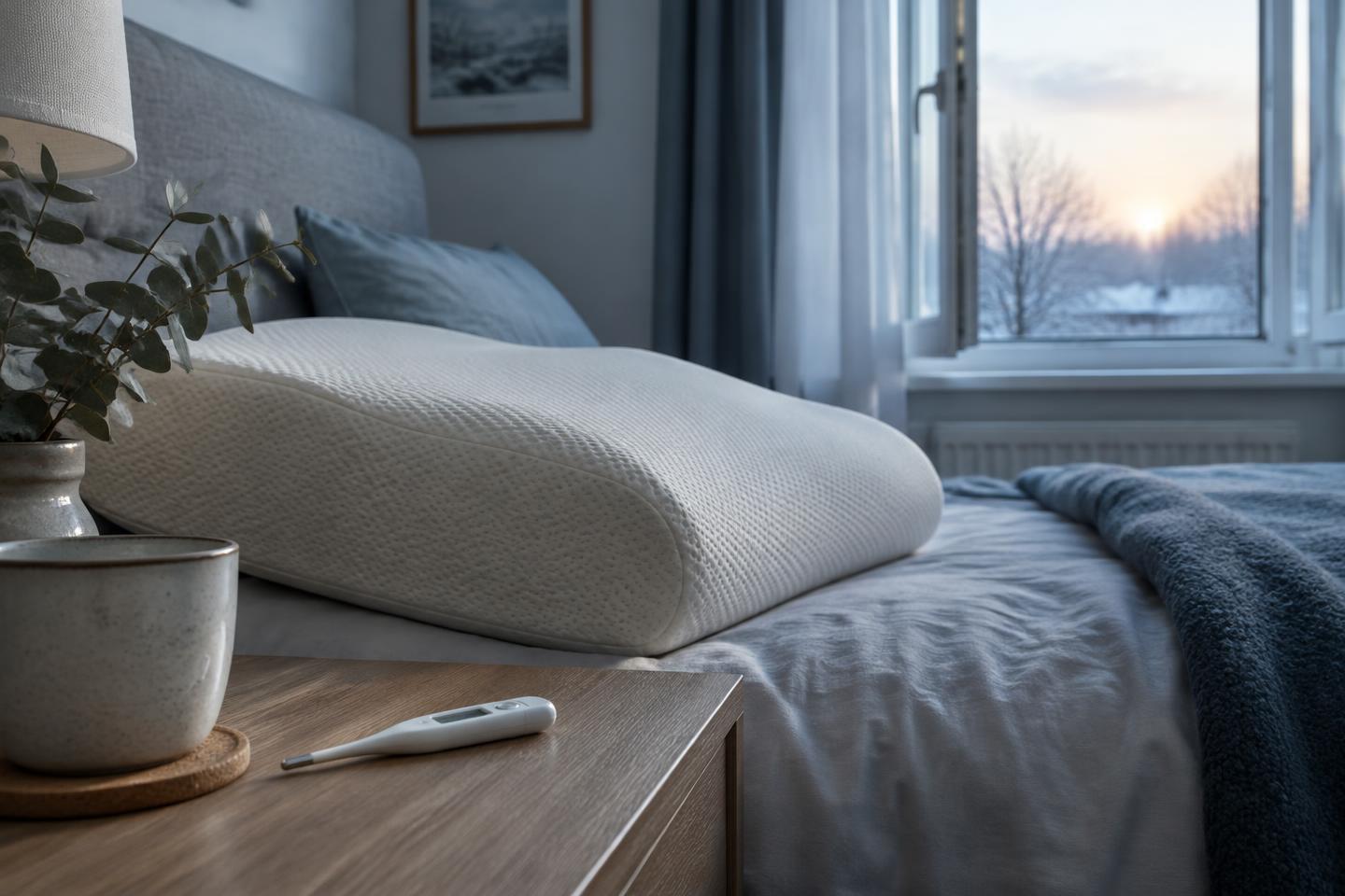 Traagschuim kussen op een bed naast een thermometer op het nachtkastje, met een open raam en winterlicht