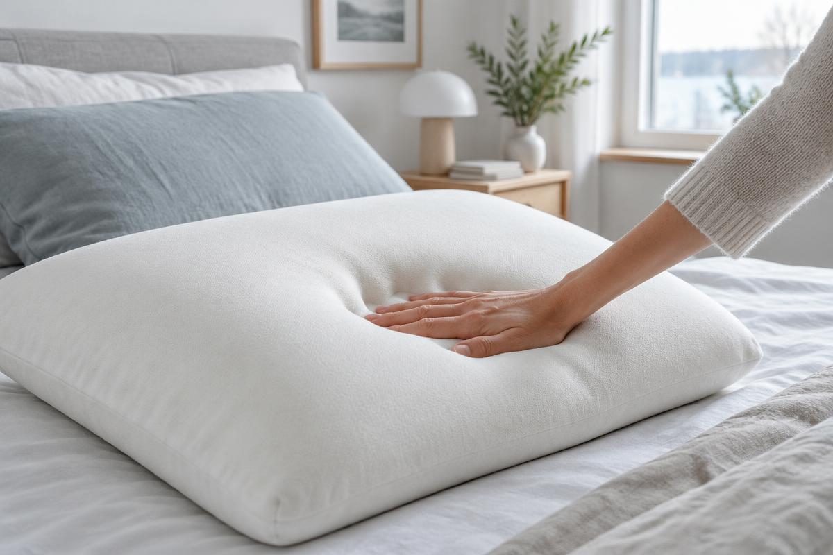 Hand drukt een afdruk in een wit traagschuim kussen op een opgemaakt bed, illustratief beeld