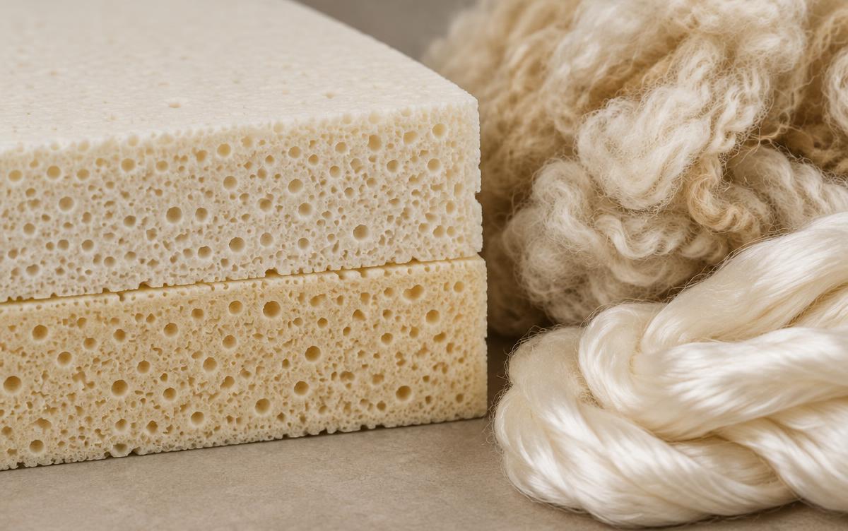 Doorsnede van twee lagen latexschuim met open celstructuur naast wol en zijde