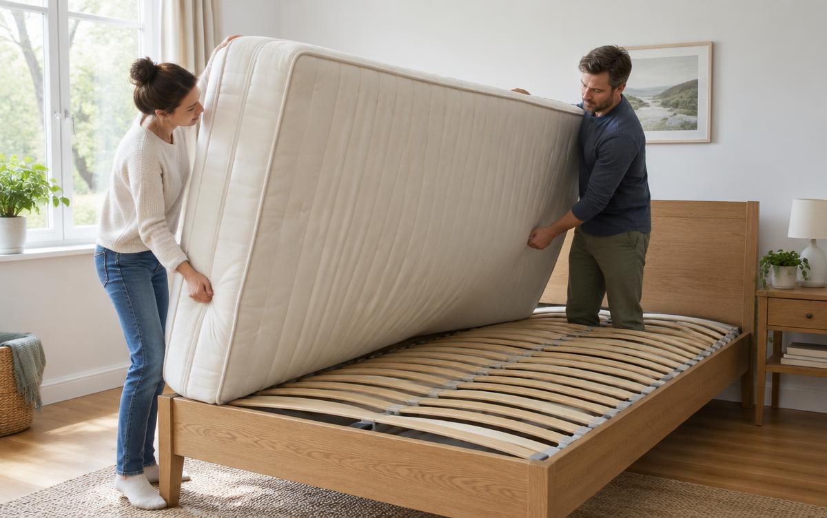 Twee mensen keren samen een zwaar matras op een lattenbodem