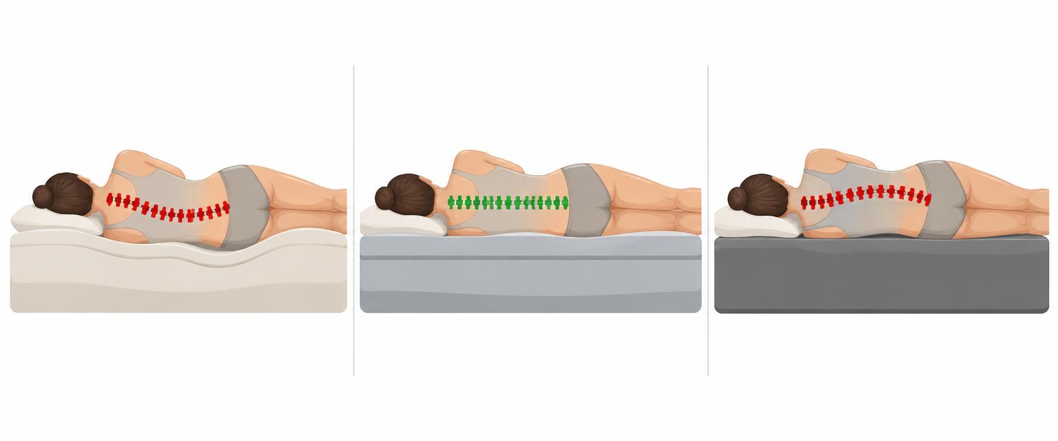 Drie zijslapers naast elkaar: op een te zacht matras buigt de wervelkolom door, op een passend matras loopt hij recht, op een te hard matras buigt hij omhoog