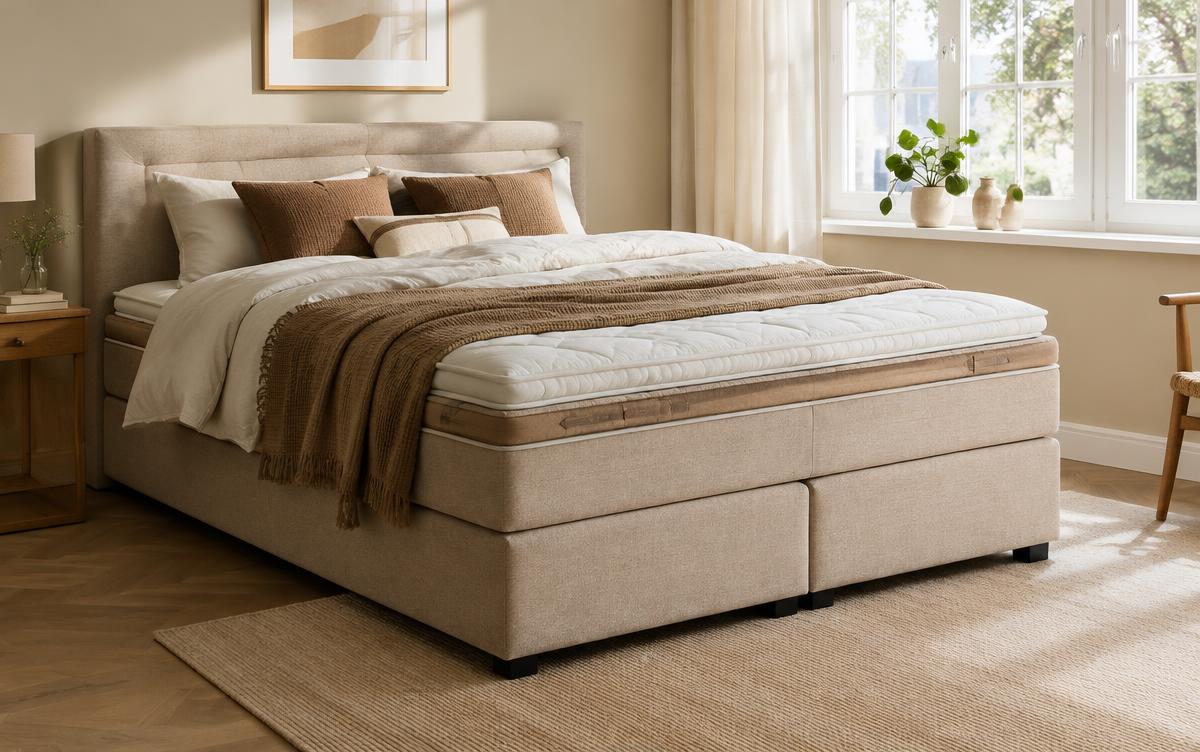 Gestoffeerde boxspring met matras en topper in een lichte slaapkamer