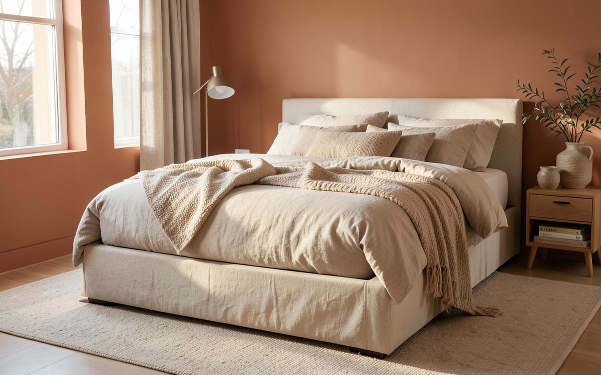 Opgemaakt bed met een dik matras in een warm verlichte slaapkamer