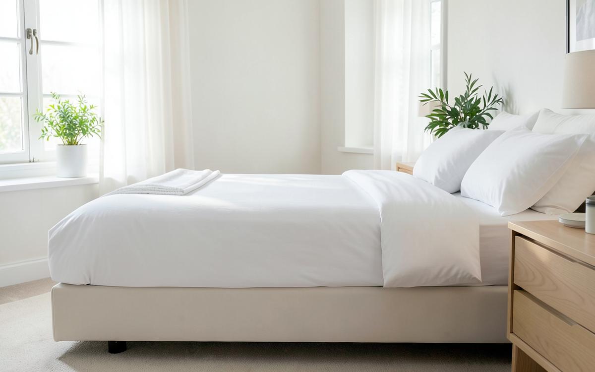 Licht opgemaakt bed bij een raam met daglicht in een rustige slaapkamer